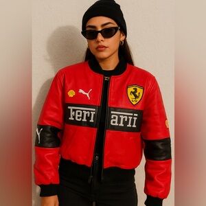 Handmade Vintage Ferrari Racing Vegan Leather Crop Jacket Red Formula1 Size XS/S